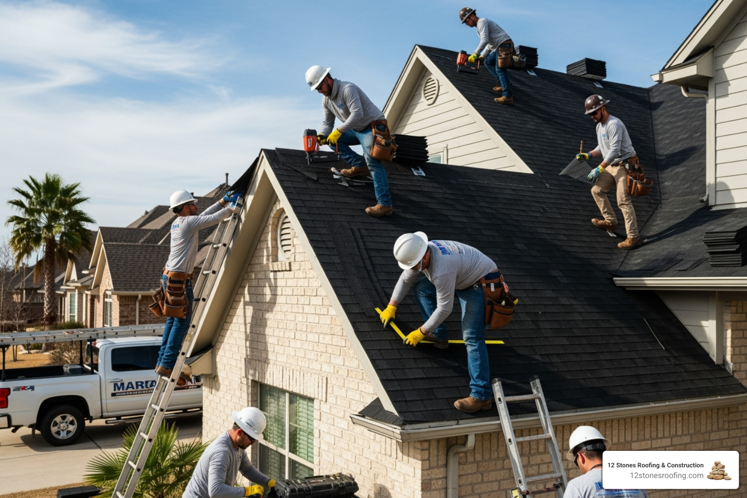 12 Stones Roofing & Construction team working on a roof in Pasadena, TX - best laminate shingles