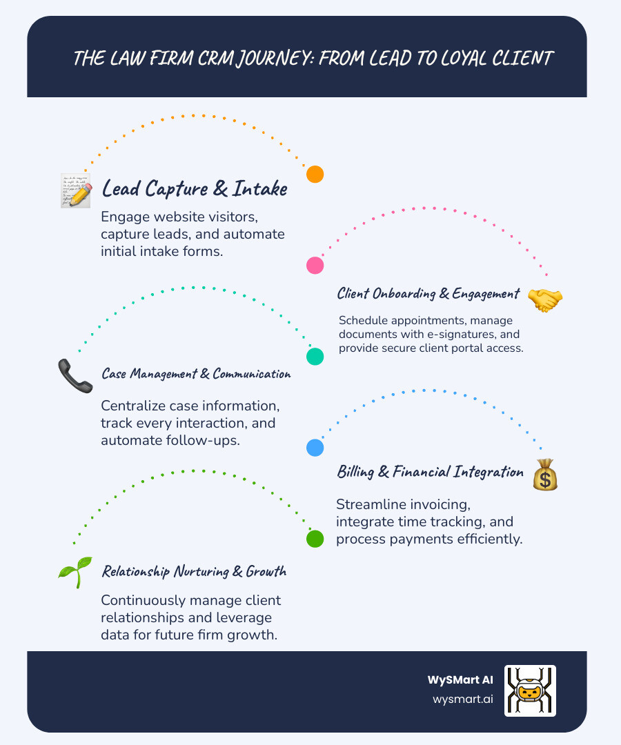 Infographic showing the complete law firm CRM journey from anonymous website visitor to retained client, including stages for lead capture, automated intake forms, appointment scheduling, document management, e-signatures, client portal access, automated follow-ups, billing integration, and ongoing client relationship management with arrows connecting each stage and icons representing automation and AI assistance at key touchpoints - CRM for law firms infographic infographic-line-5-steps-blues-accent_colors