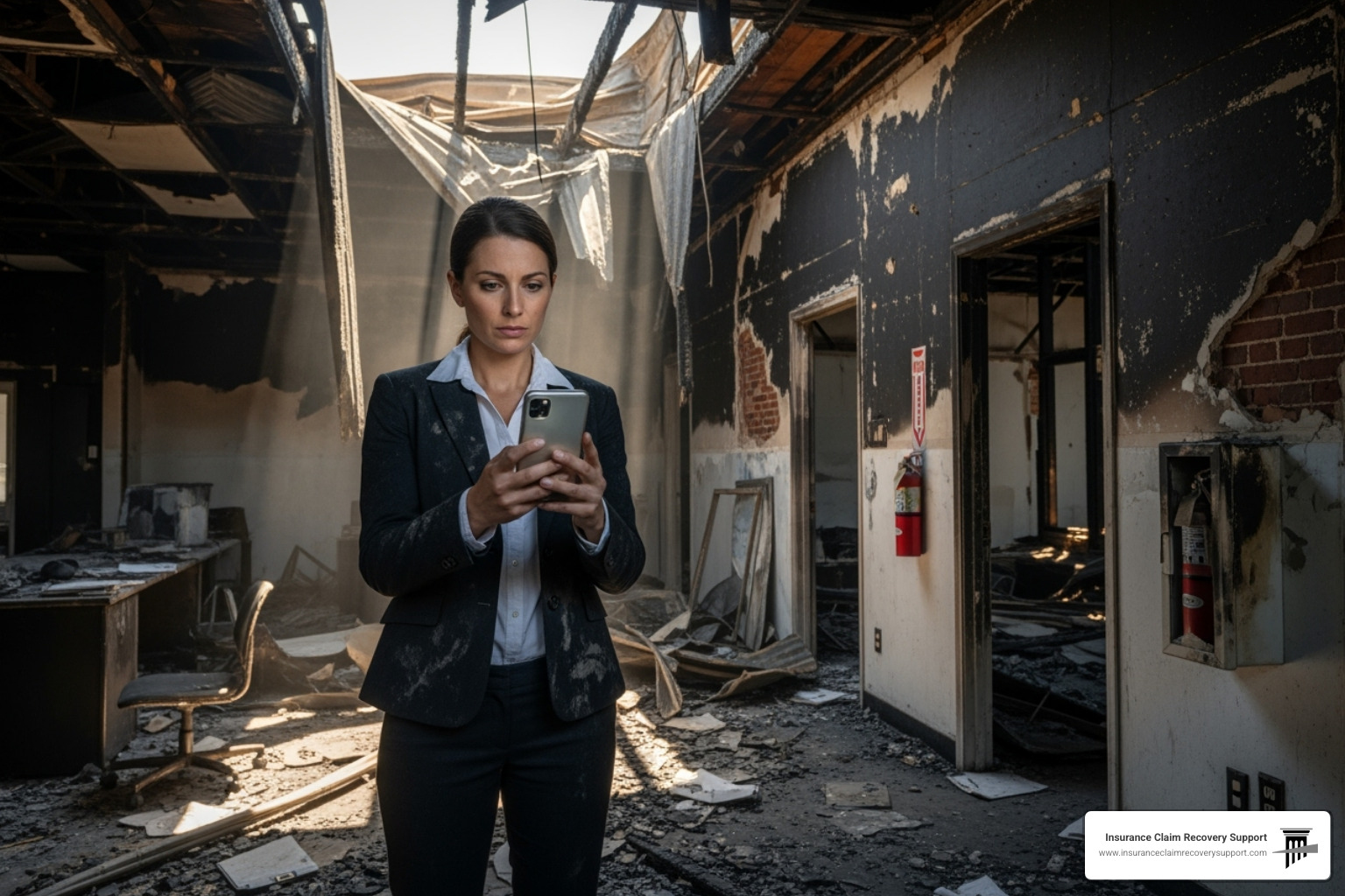 business owner taking photos of fire damage with a smartphone - Commercial fire claim business owner taking photos of fire damage with a smartphone - Commercial fire claim