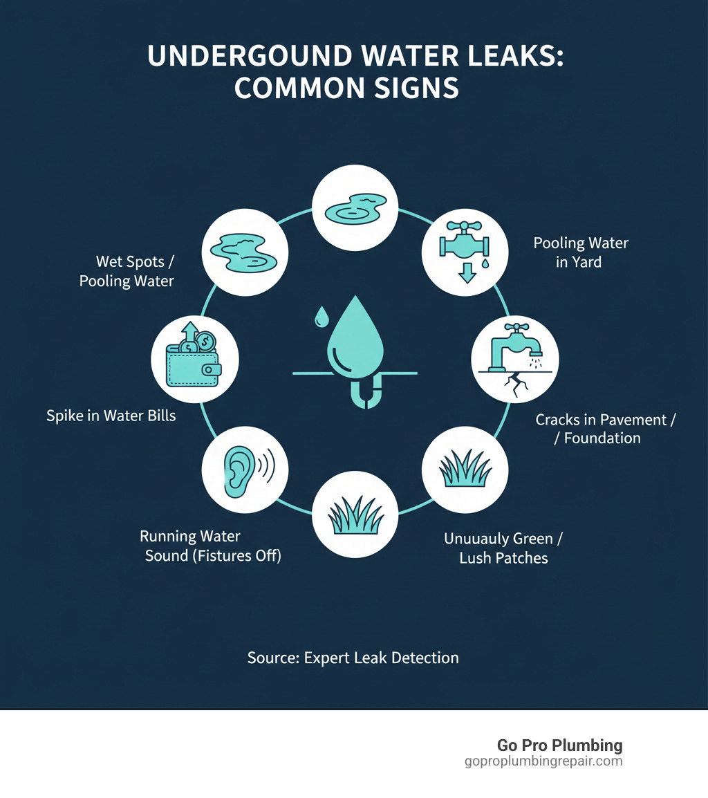 Infographic showing common signs of underground water leaks including wet spots on the ground, unexplained spikes in water bills, sound of running water when fixtures are off, unusually green or lush patches of grass, cracks in pavement or foundation, sudden drop in water pressure, and pooling water in the yard - underground leak detection infographic 
