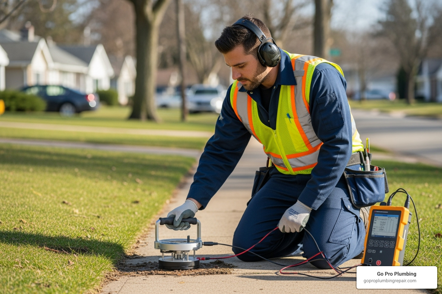 technician using an acoustic leak detector - underground leak detection