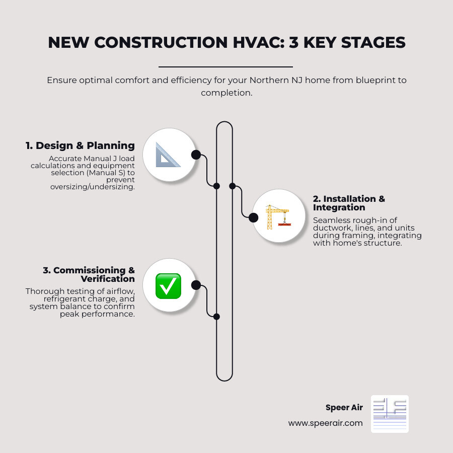 Infographic showing the three key stages of new construction HVAC: 1) Design Phase with Manual J load calculations and equipment selection, 2) Installation Phase with rough-in ductwork and equipment placement during framing, and 3) Commissioning Phase with airflow testing, refrigerant verification, and system balancing - new construction hvac system northern nj infographic infographic-line-3-steps-elegant_beige Infographic showing the three key stages of new construction HVAC: 1) Design Phase with Manual J load calculations and equipment selection, 2) Installation Phase with rough-in ductwork and equipment placement during framing, and 3) Commissioning Phase with airflow testing, refrigerant verification, and system balancing - new construction hvac system northern nj infographic infographic-line-3-steps-elegant_beige