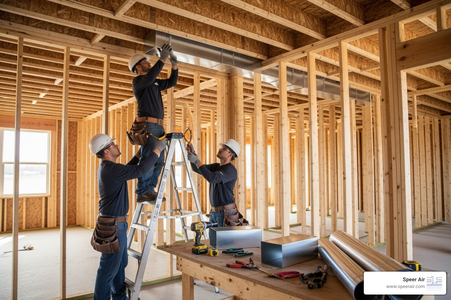 HVAC technicians installing ductwork in the frame of a new home - new construction hvac system northern nj HVAC technicians installing ductwork in the frame of a new home - new construction hvac system northern nj