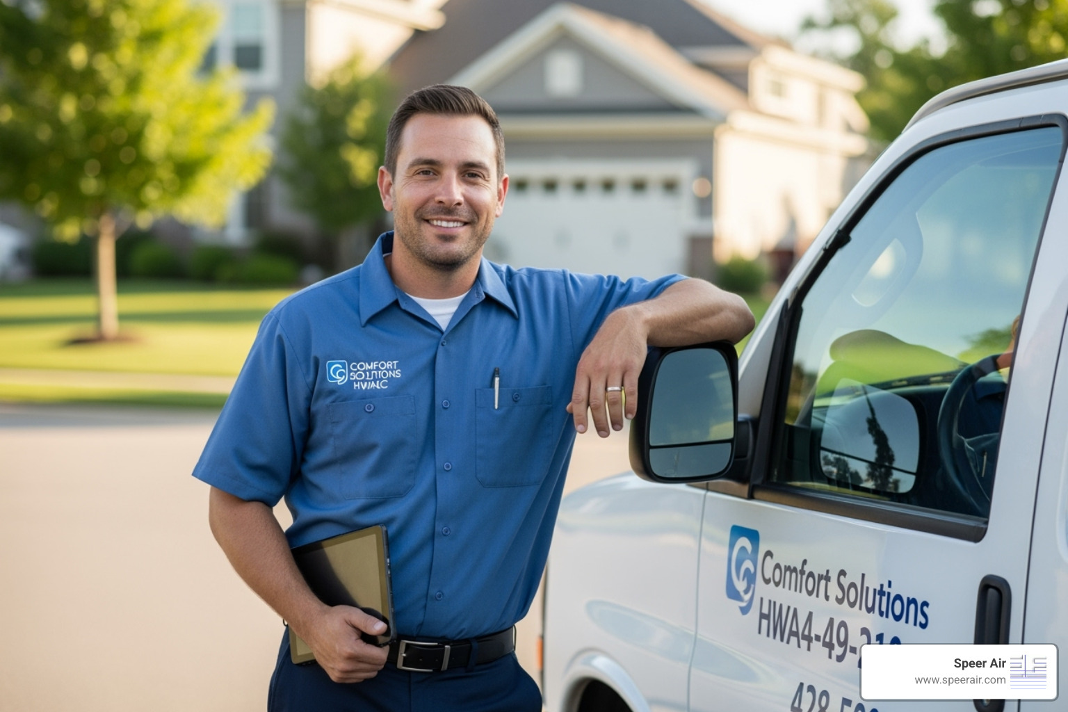 a friendly, professional Speer Air technician standing by a company van - new construction hvac system northern nj a friendly, professional Speer Air technician standing by a company van - new construction hvac system northern nj