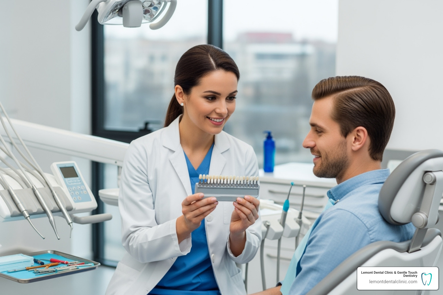 Image of a dentist and patient looking at a tooth shade guide - teeth whitening Palos Hills