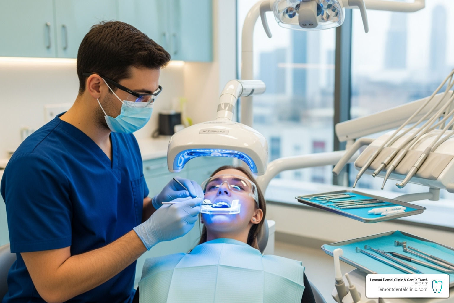 Image of an in-office whitening procedure with a dental professional at Lemont Dental Clinic & Gentle Touch Dentistry - teeth whitening Palos Hills