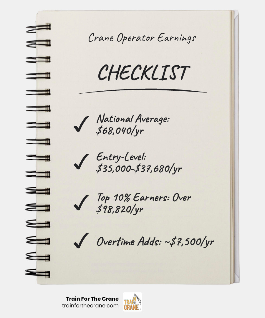 Infographic explaining the salary range for crane operators from entry-level to the top 10% of earners. Entry-level operators earn $35,000-$37,680 annually; mid-career operators earn $65,220-$68,040 (national average); experienced operators earn $80,000-$90,000; and top 10% earners make $93,410-$98,820 per year, with highest-paying locations including New York at $56.82/hour, Hawaii at $53.34/hour, and Nevada at $52.35/hour - how much do crane operators make infographic checklist-notebook