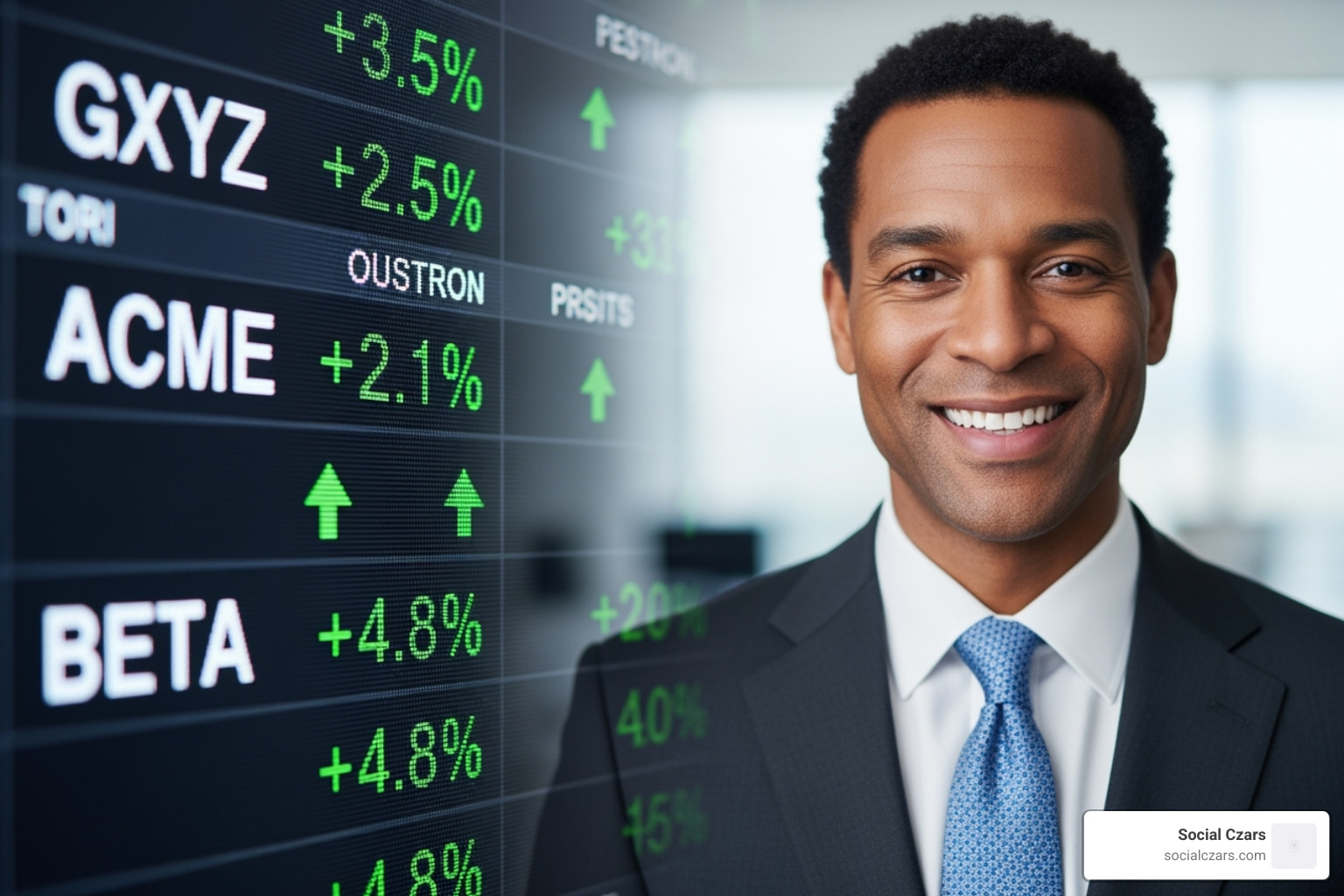 Stock ticker showing positive growth next to a CEO's professional headshot - ceo reputation management
