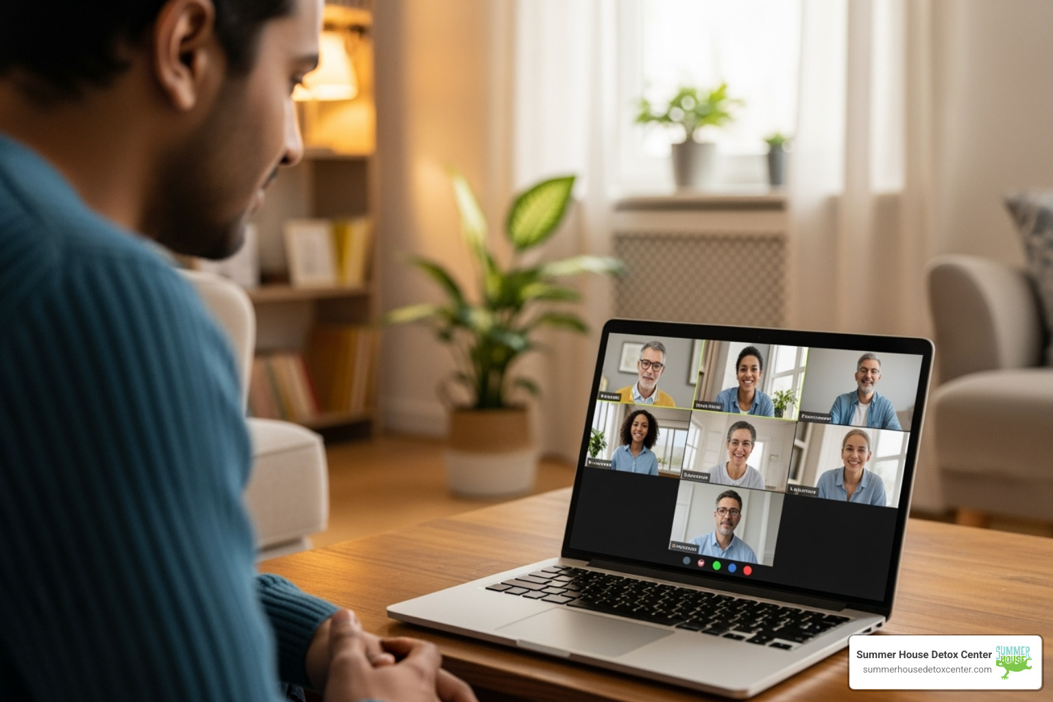 person participating in a virtual support group on a laptop - free rehab facilities in florida