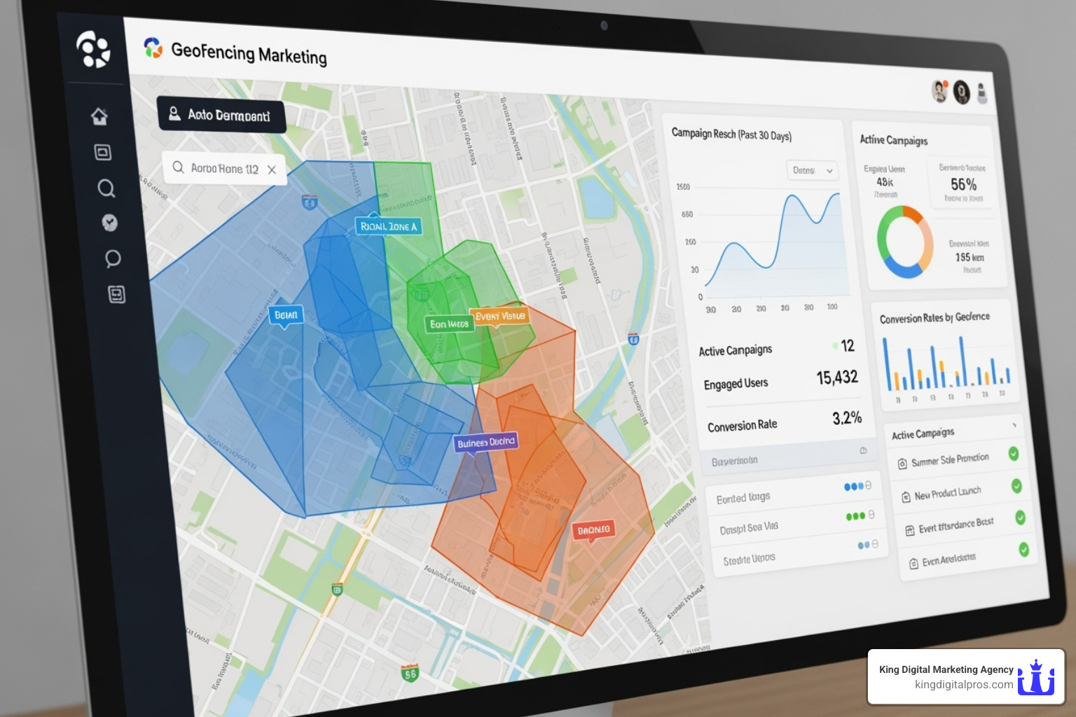 geofencing software dashboard showing multiple campaigns - whitelabel geofencing marketing software