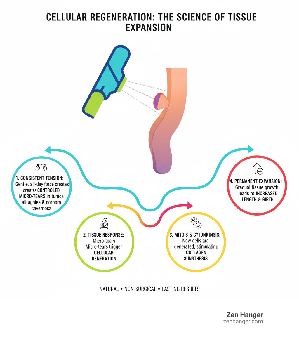 Infographic showing how an all day stretcher applies consistent tension to the penis throughout the day, creating controlled micro-tears in the tunica albuginea and corpora cavernosa tissue, which triggers cellular regeneration through mitosis and cytokinesis, stimulating new collagen synthesis and permanent tissue expansion for increased length and potential girth gains - all day stretcher infographic 