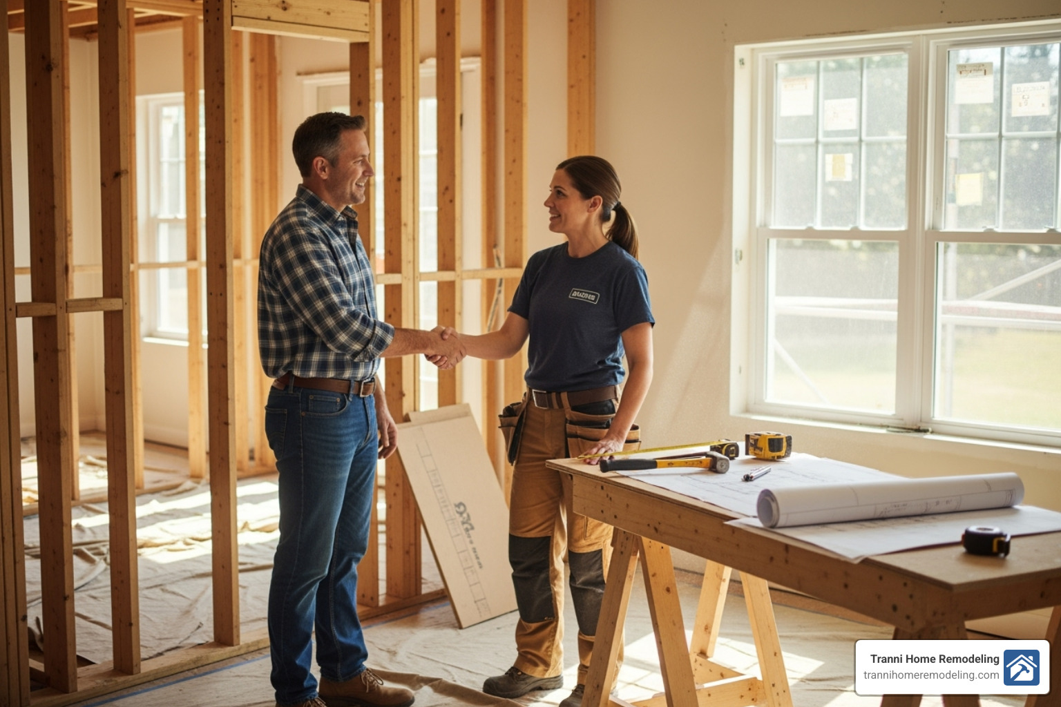 Homeowner shaking hands with contractor - contractor to build addition Homeowner shaking hands with contractor - contractor to build addition