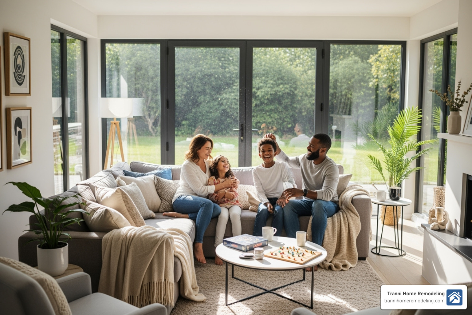 Family enjoying new living room addition - contractor to build addition Family enjoying new living room addition - contractor to build addition