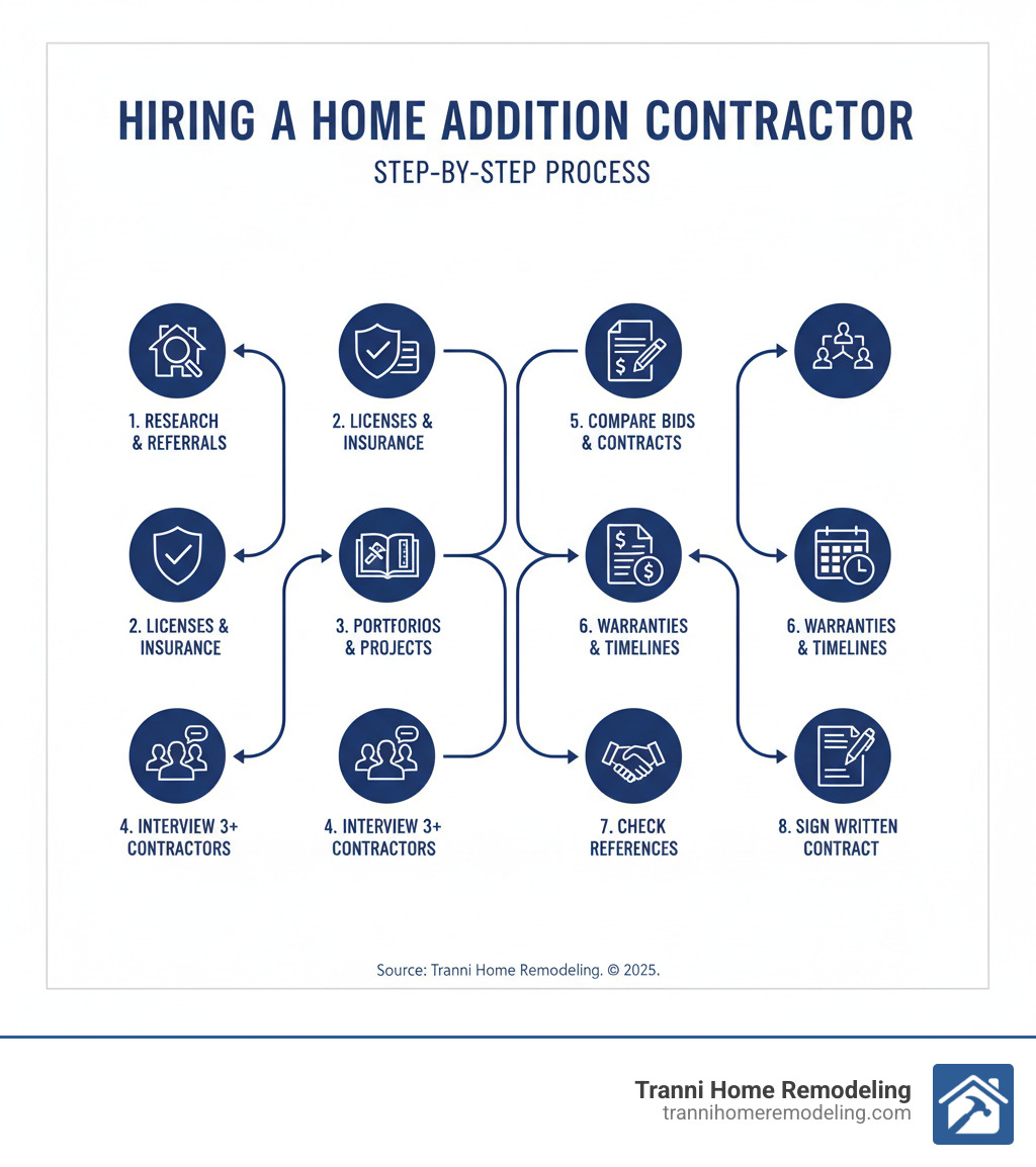 Infographic showing the step-by-step process of hiring a contractor for a home addition: 1. Research and gather referrals, 2. Check licenses and insurance, 3. Review portfolios and past projects, 4. Interview at least 3 contractors, 5. Compare detailed bids and contracts, 6. Verify warranties and timelines, 7. Check references thoroughly, 8. Sign a detailed written contract - contractor to build addition infographic Infographic showing the step-by-step process of hiring a contractor for a home addition: 1. Research and gather referrals, 2. Check licenses and insurance, 3. Review portfolios and past projects, 4. Interview at least 3 contractors, 5. Compare detailed bids and contracts, 6. Verify warranties and timelines, 7. Check references thoroughly, 8. Sign a detailed written contract - contractor to build addition infographic