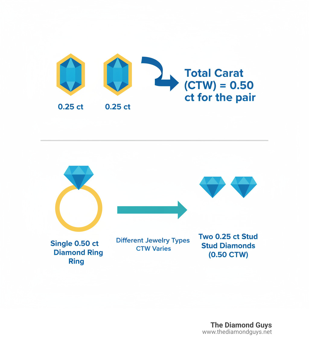 Infographic showing two diamond stud earrings side by side, each labeled 0.25 ct, with an arrow pointing to text stating "Total Carat Weight (CTW) = 0.50 ct for the pair." Below, a comparison showing a single 0.50 ct diamond ring stone versus two 0.25 ct stud diamonds, illustrating how CTW differs between jewelry types. - half carat diamond stud infographic 
