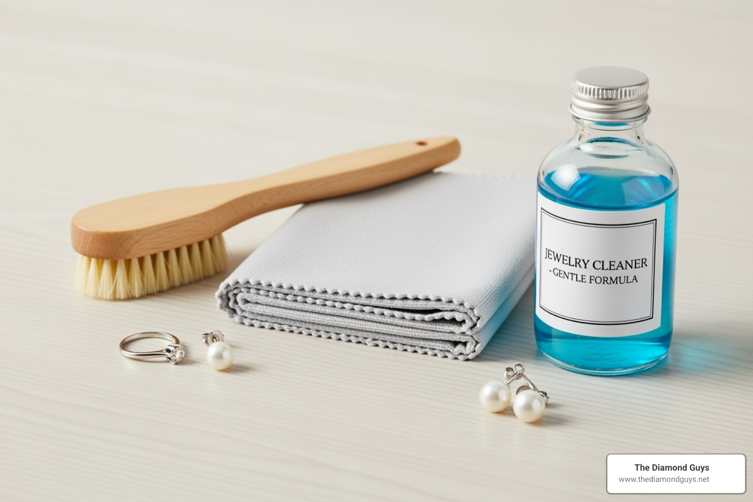 jewelry cleaning kit with a soft brush, cloth, and solution - half carat diamond stud