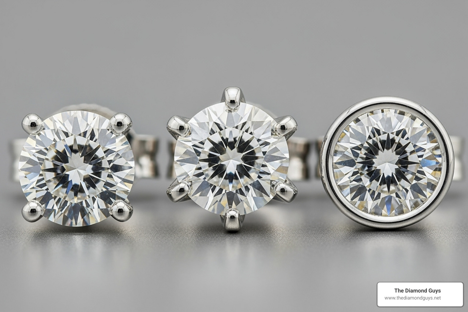 comparing a 4-prong, 6-prong, and bezel setting on a diamond stud - half carat diamond stud