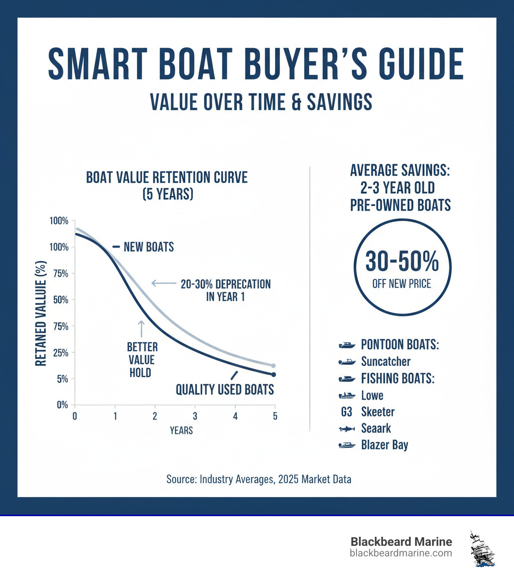 infographic showing the value retention curve of used boats versus new boats over 5 years, highlighting that new boats depreciate 20-30% in the first year while quality used boats hold their value better, plus a breakdown of average savings when buying 2-3 year old pre-owned boats from brands like Suncatcher, G3, Lowe, Skeeter, Seaark, and Blazer Bay - used boats for sale okc infographic 