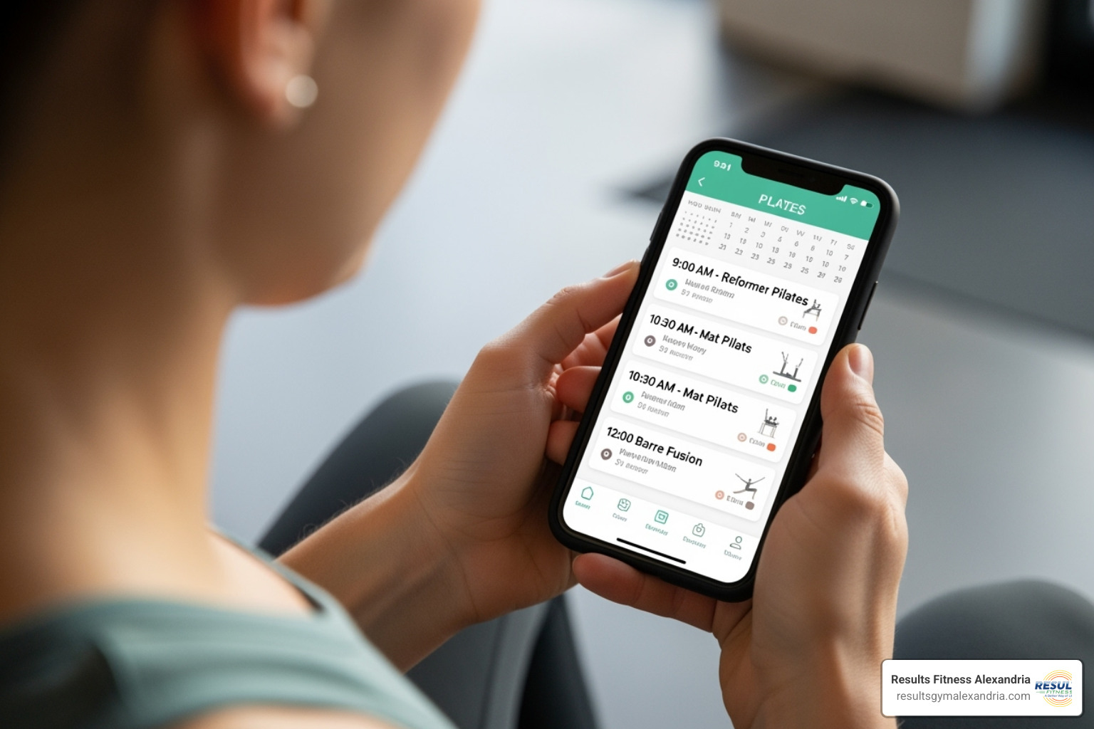 A person using a phone to look up a Pilates class schedule - early morning pilates classes near me