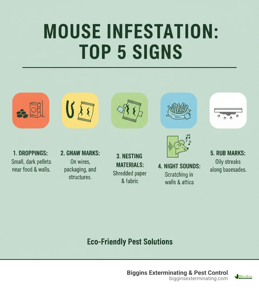 infographic showing the top 5 signs of mouse infestation: small dark droppings near food sources and along walls, gnaw marks on wires and packaging, shredded paper or fabric materials used for nesting, scratching or squeaking sounds at night especially in walls and attics, and oily rub marks along baseboards where mice travel repeatedly - natural mice extermination infographic 