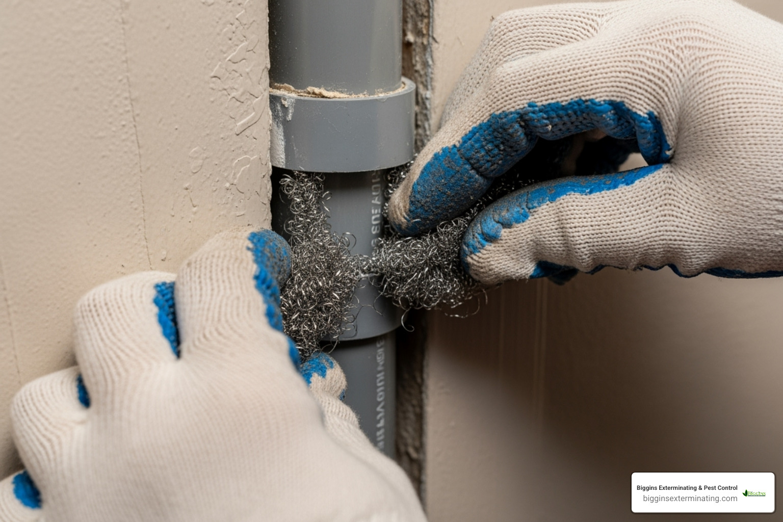 person sealing a gap around a pipe with steel wool - natural mice extermination