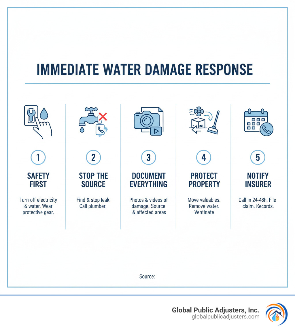 Infographic showing immediate water damage response steps: 1. Safety First - Turn off electricity and water main if safe to do so, wear protective gear. 2. Stop the Source - Locate and stop the water leak, call emergency plumber if needed. 3. Document Everything - Take photos and videos of all damage before cleanup, photograph water source and affected areas. 4. Protect Property - Move valuables to dry areas, remove standing water if safe, ventilate the space. 5. Notify Insurer - Call your insurance company within 24-48 hours, file initial notice of loss, keep detailed records of all communications. - water damage claims infographic 