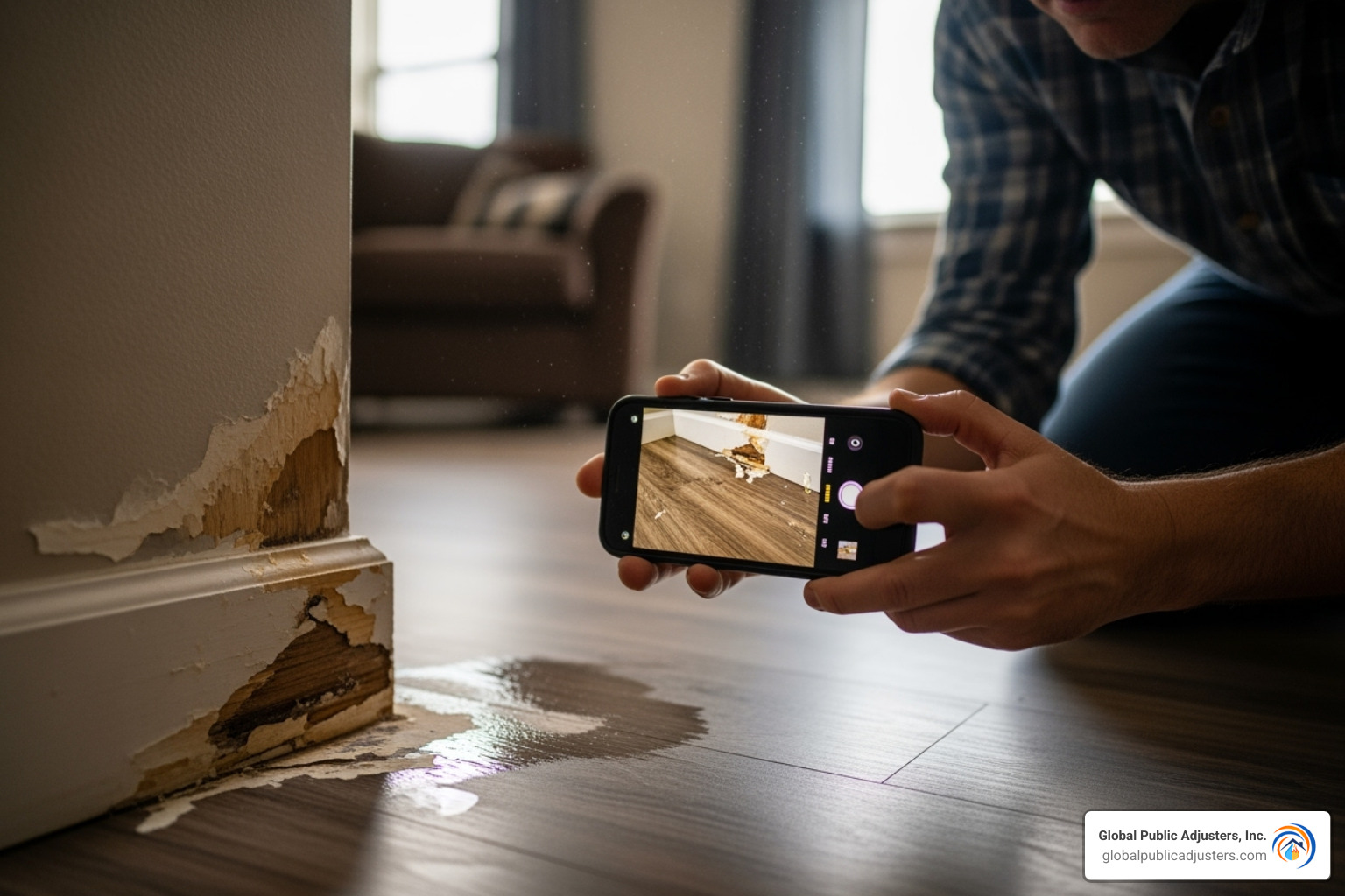 homeowner taking photos of water-damaged area with smartphone - water damage claims
