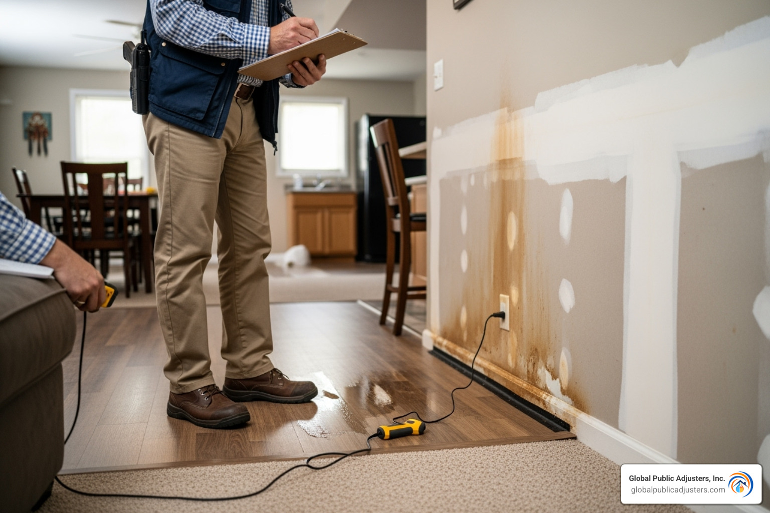 insurance adjuster inspecting water damage in a home - water damage claims