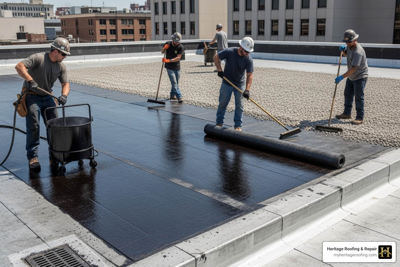 layers of a BUR system being installed - 4 ply built up roofing layers of a BUR system being installed - 4 ply built up roofing