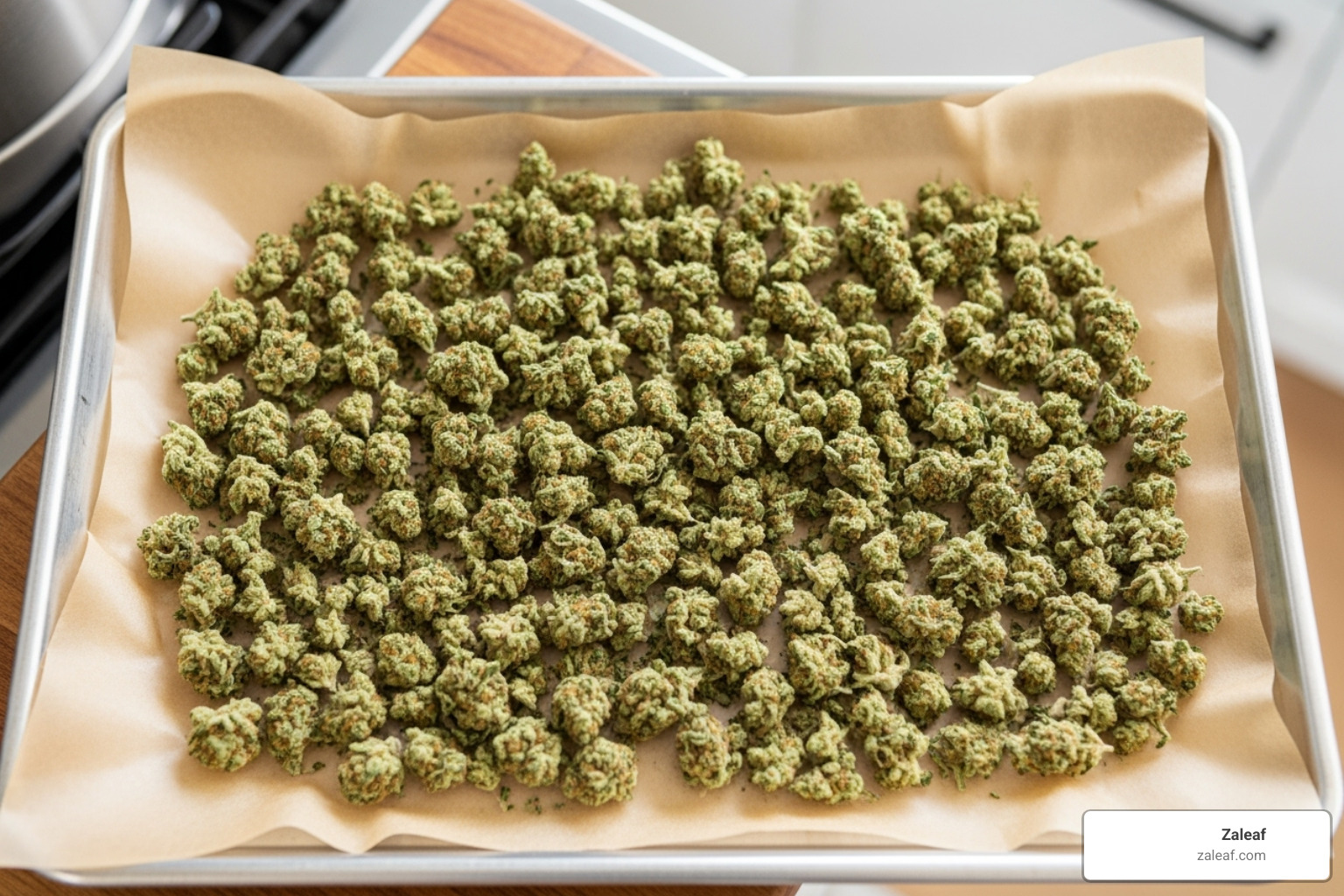 ground cannabis spread on a parchment-lined baking sheet - cannabis chocolates