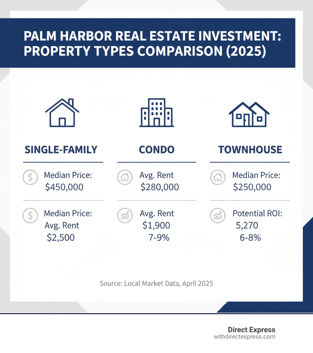 table comparing property types (Single-Family, Condo, Townhouse) with Median Price, Avg. Rent, and Potential ROI - real estate investment palm harbor infographic 