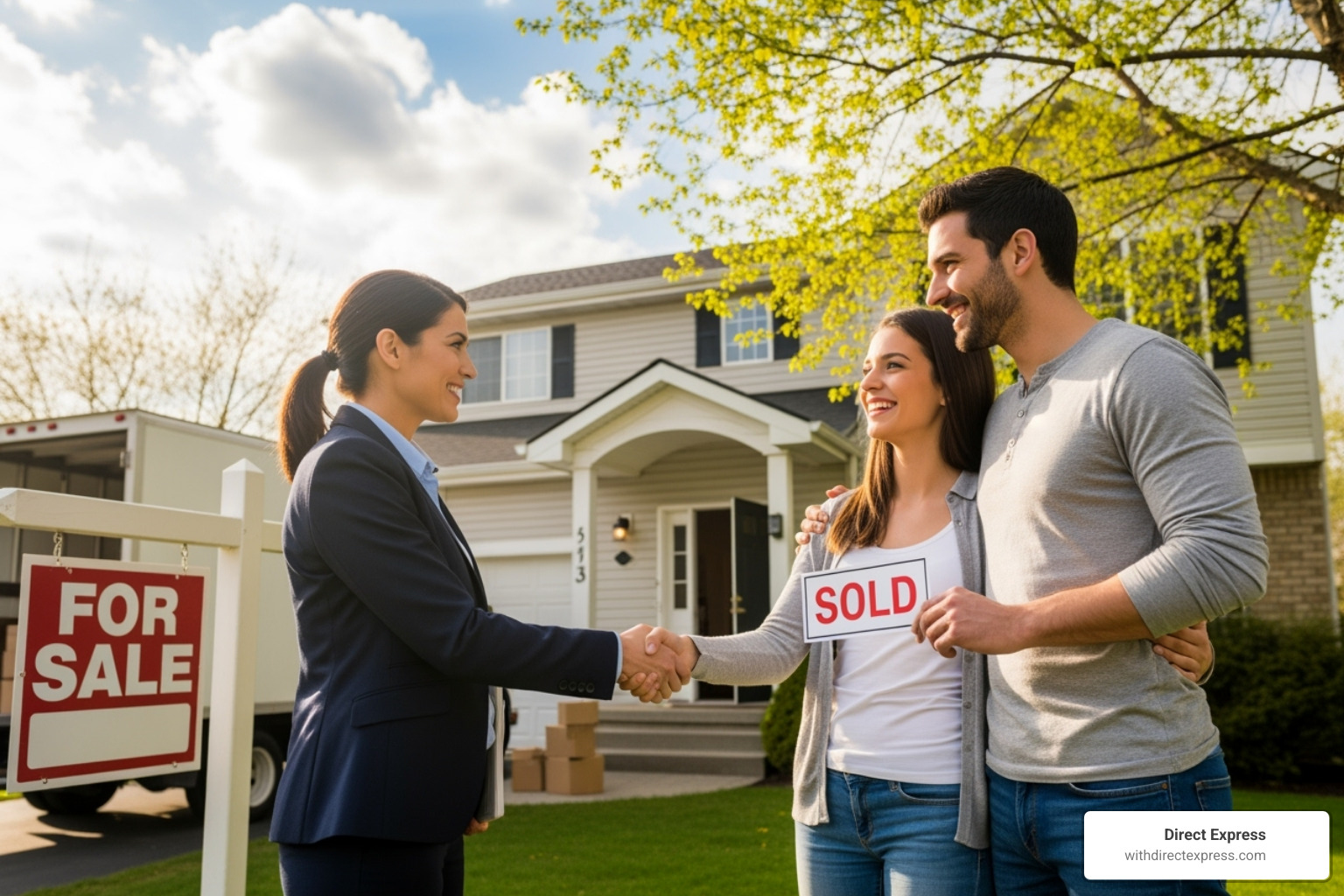 real estate agent shaking hands with new homeowners - real estate investment palm harbor