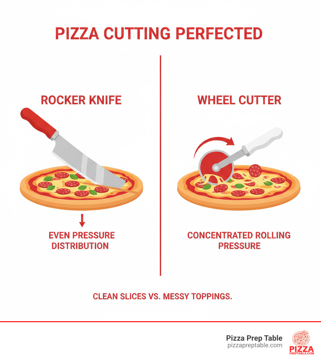 Infographic comparing rocker pizza knife versus wheel cutter showing side-by-side illustrations: left side shows rocker blade making one clean downward cut with toppings staying in place, right side shows wheel cutter rolling across pizza with toppings being pushed and dragged, with labels indicating even pressure distribution for rocker versus concentrated rolling pressure for wheel - rocker pizza knife infographic 