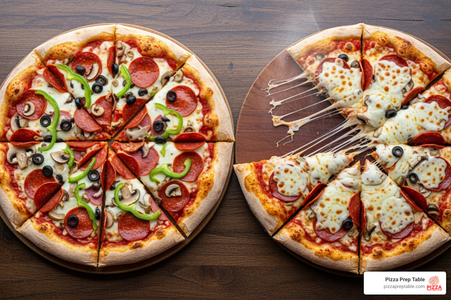 perfectly sliced pizza with toppings intact next to a messy one cut with a wheel - rocker pizza knife