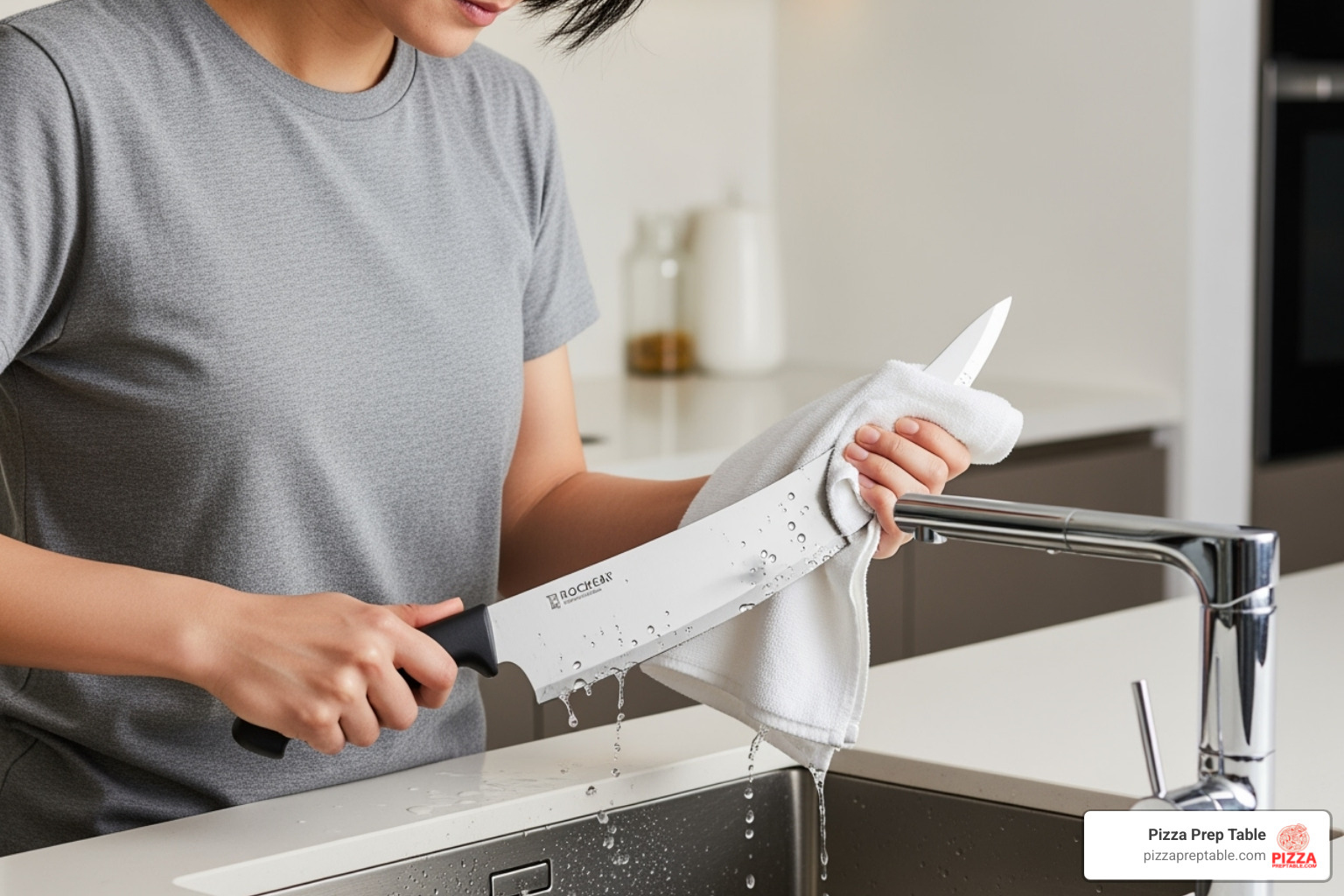 person safely cleaning and drying a rocker pizza knife - rocker pizza knife