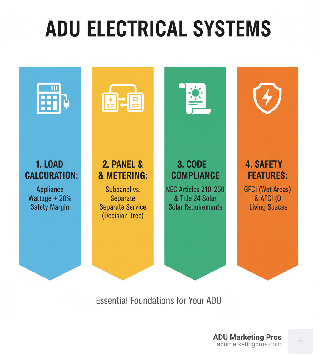 Infographic showing the four pillars of ADU electrical systems: 1) Load Calculation (appliance wattage plus 20% safety margin), 2) Panel and Metering (subpanel vs separate service decision tree), 3) Code Compliance (NEC Articles 210-250 and Title 24 solar requirements), and 4) Safety Features (GFCI in wet areas, AFCI in living spaces) - ADU electrical requirements infographic Infographic showing the four pillars of ADU electrical systems: 1) Load Calculation (appliance wattage plus 20% safety margin), 2) Panel and Metering (subpanel vs separate service decision tree), 3) Code Compliance (NEC Articles 210-250 and Title 24 solar requirements), and 4) Safety Features (GFCI in wet areas, AFCI in living spaces) - ADU electrical requirements infographic