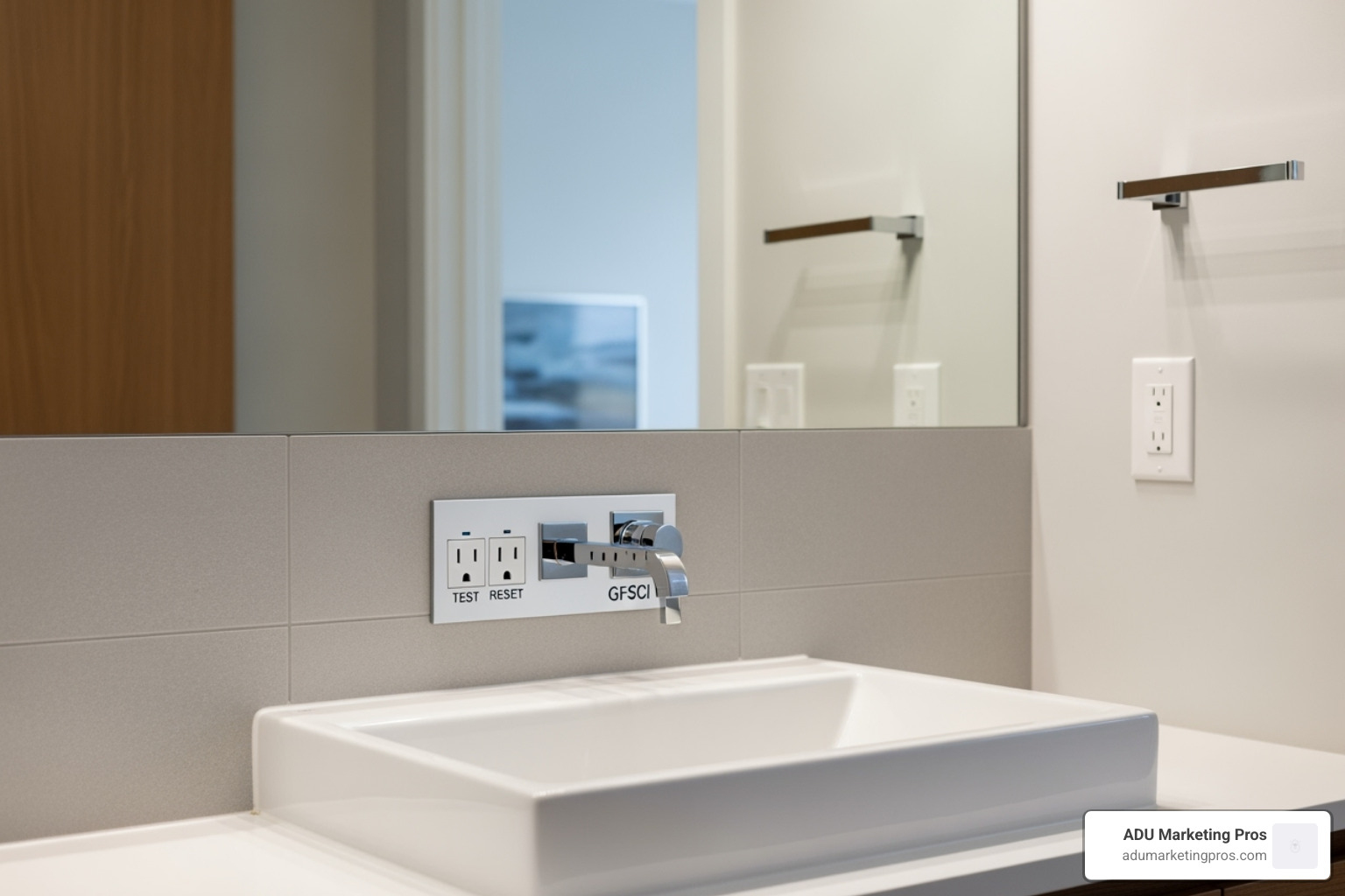 GFCI outlet installed in a modern ADU bathroom near the sink - ADU electrical requirements GFCI outlet installed in a modern ADU bathroom near the sink - ADU electrical requirements