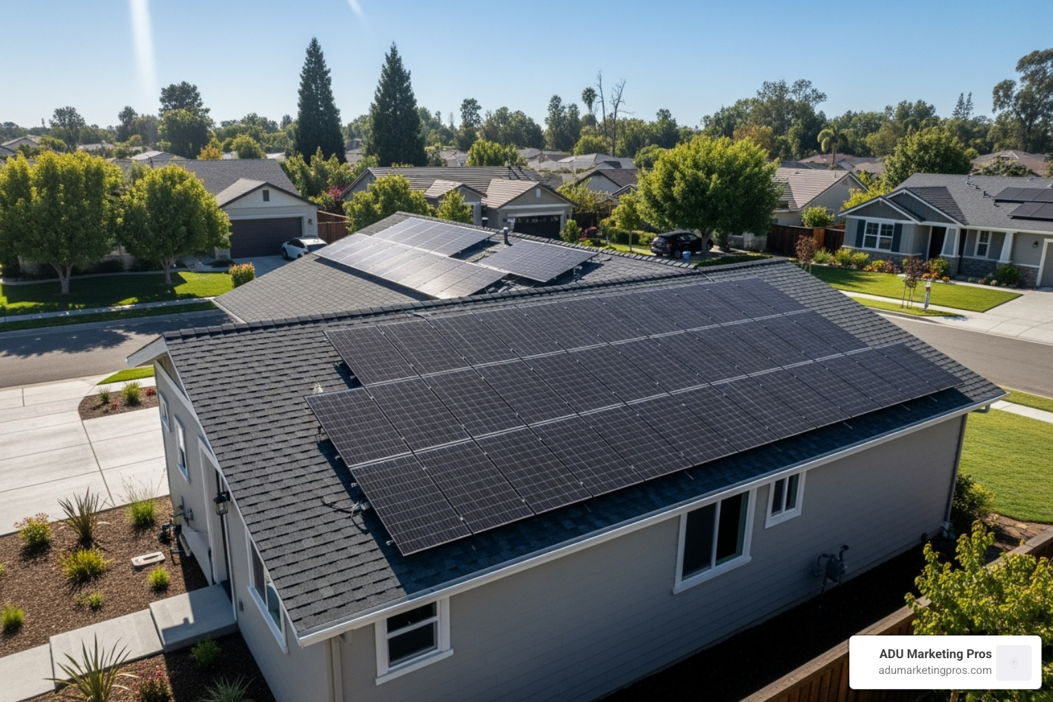 Solar panels neatly installed on the roof of a new, detached ADU - ADU electrical requirements Solar panels neatly installed on the roof of a new, detached ADU - ADU electrical requirements