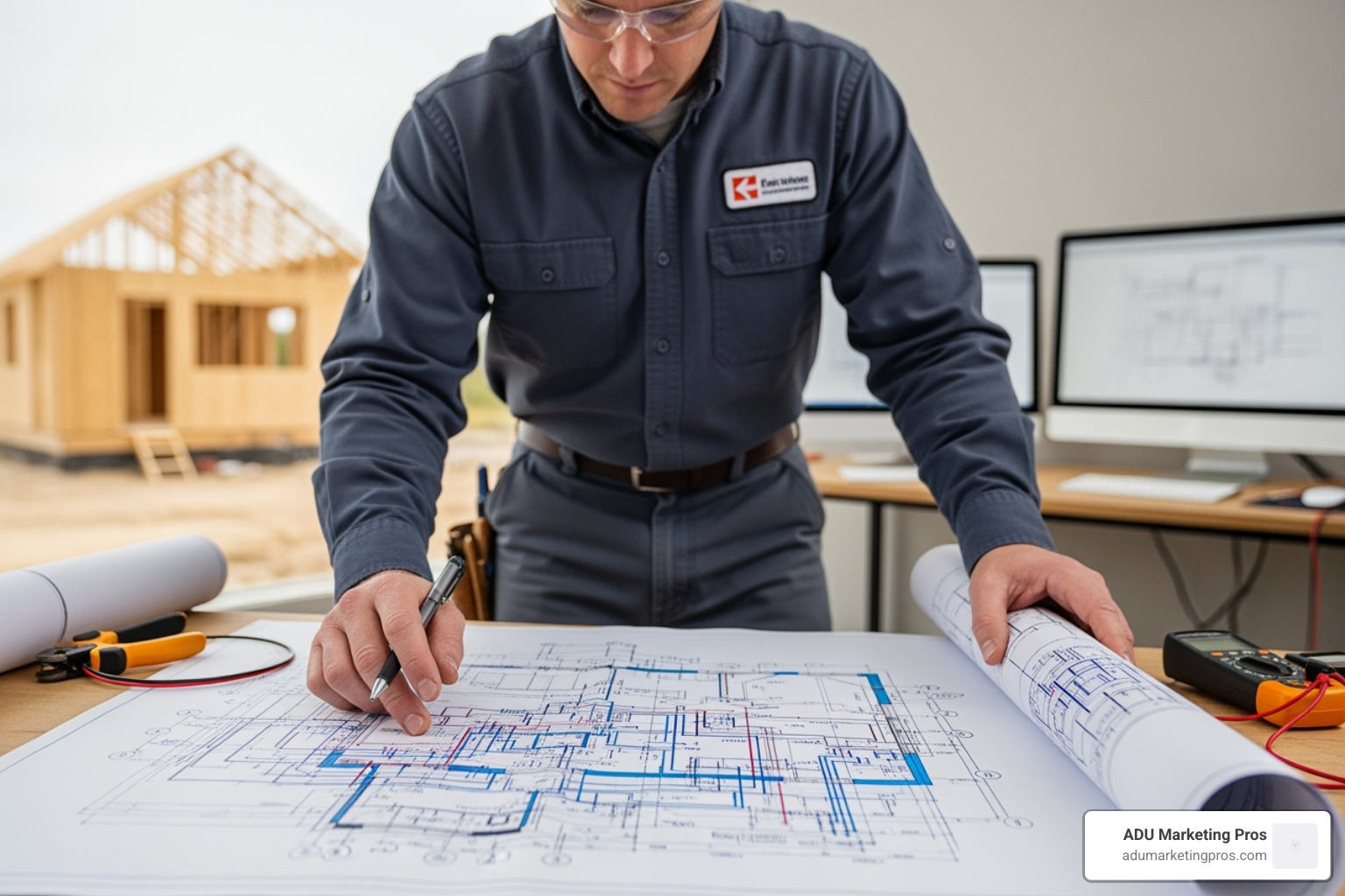 Electrician reviewing blueprints for an ADU's electrical layout - ADU electrical requirements Electrician reviewing blueprints for an ADU's electrical layout - ADU electrical requirements