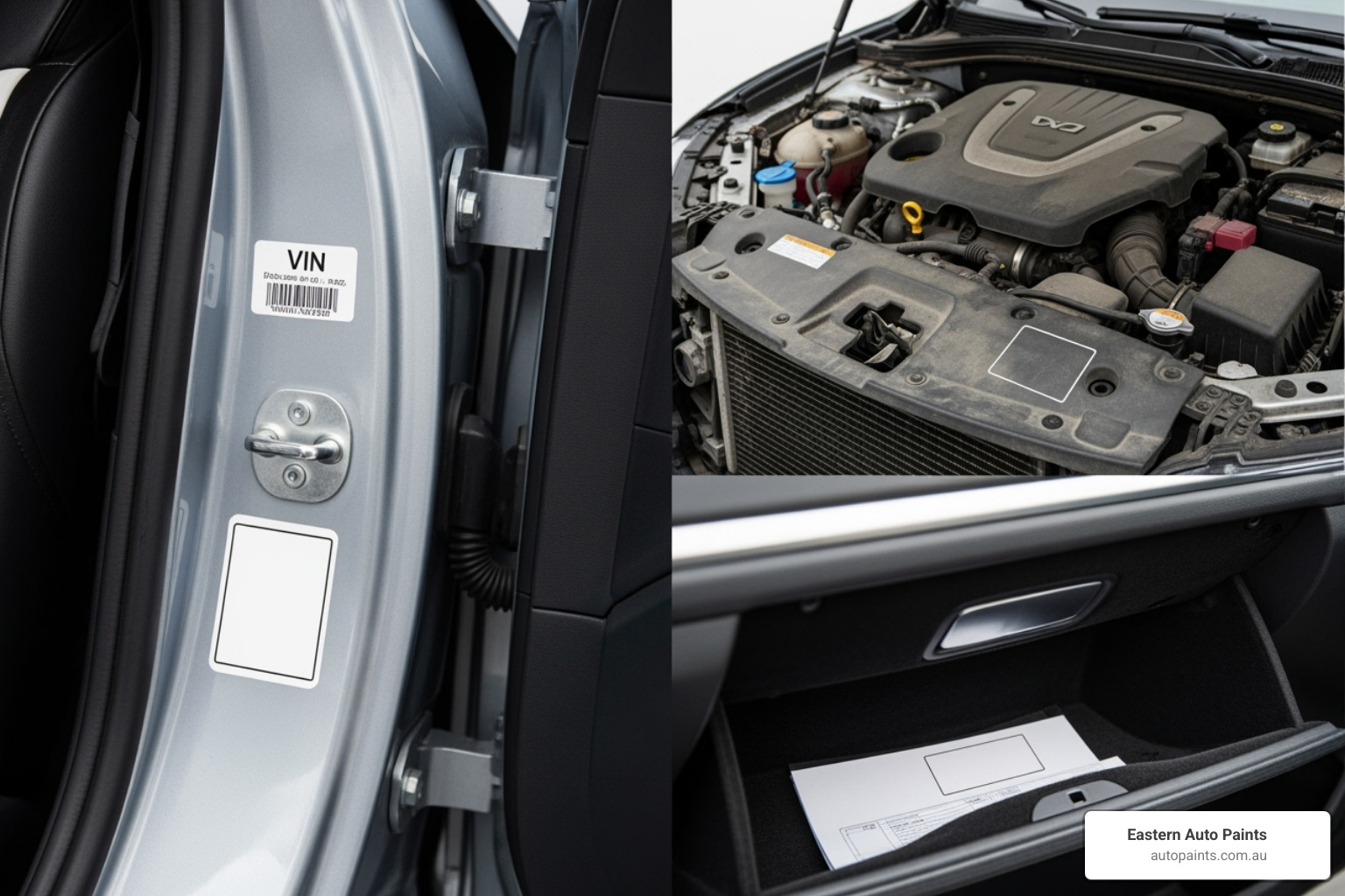 Image showing common locations of paint code stickers on a car, including the driver's side door jamb, under the bonnet, and in the glove compartment - car colour match service