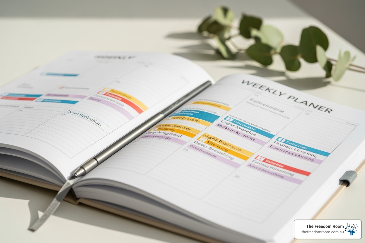A weekly planner open on a desk, scheduling vital self-care practices like exercise, reflection, and stretching.