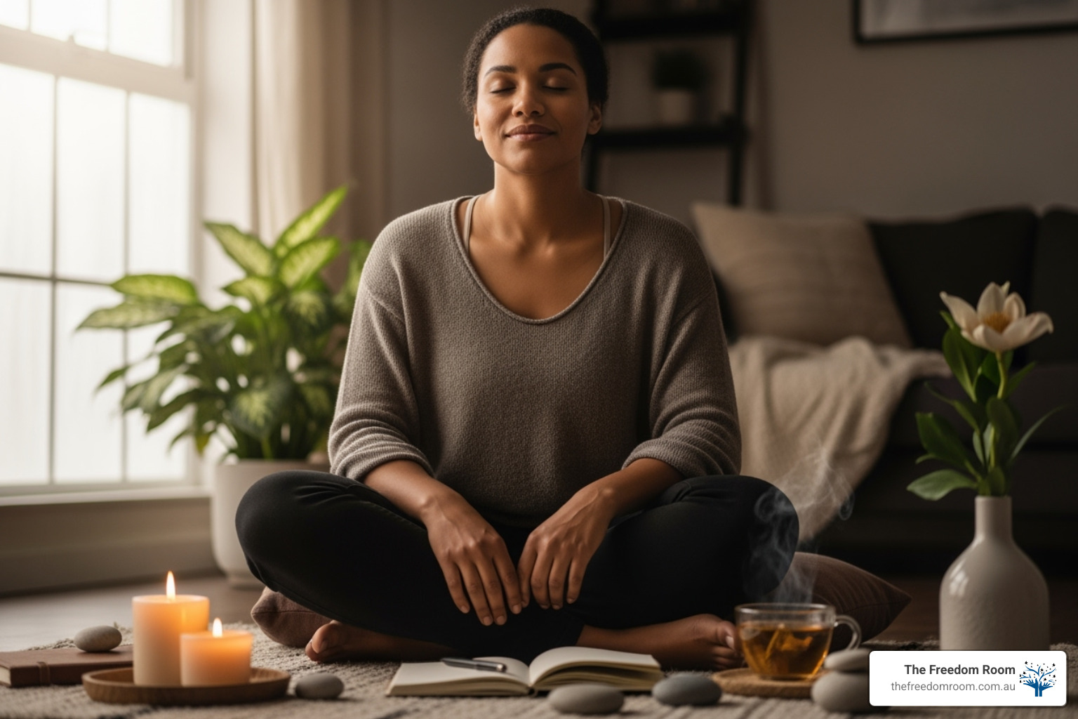 Relaxed woman cross-legged at home with candles and tea, enjoying quiet self-care practices for stress relief.