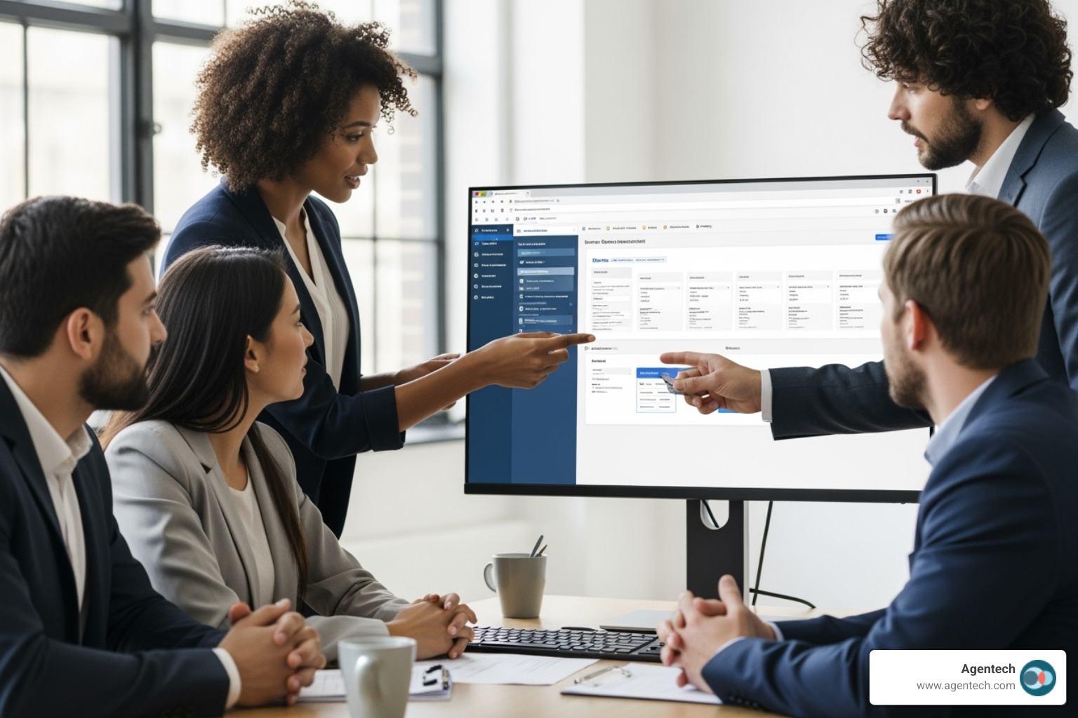 a team of P&C insurance professionals collaborating around a screen showing claims software options - claims automation tools