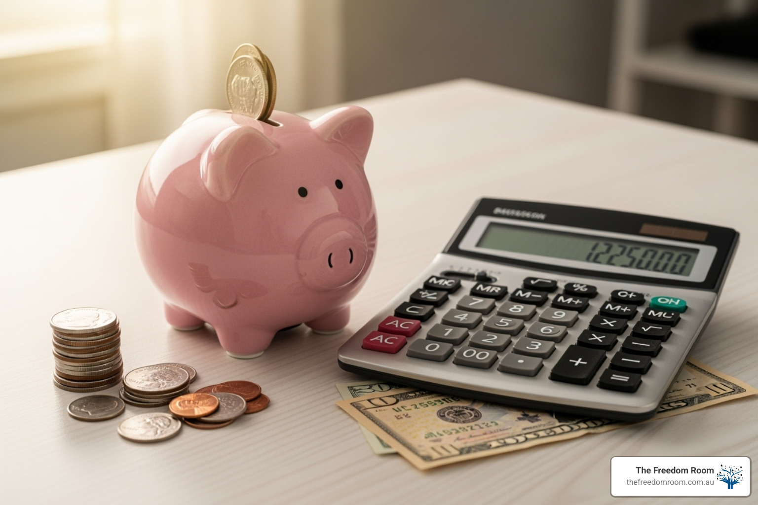 Saving money on treatment: a piggy bank and calculator highlighting the cost-effectiveness of alternatives to rehab.