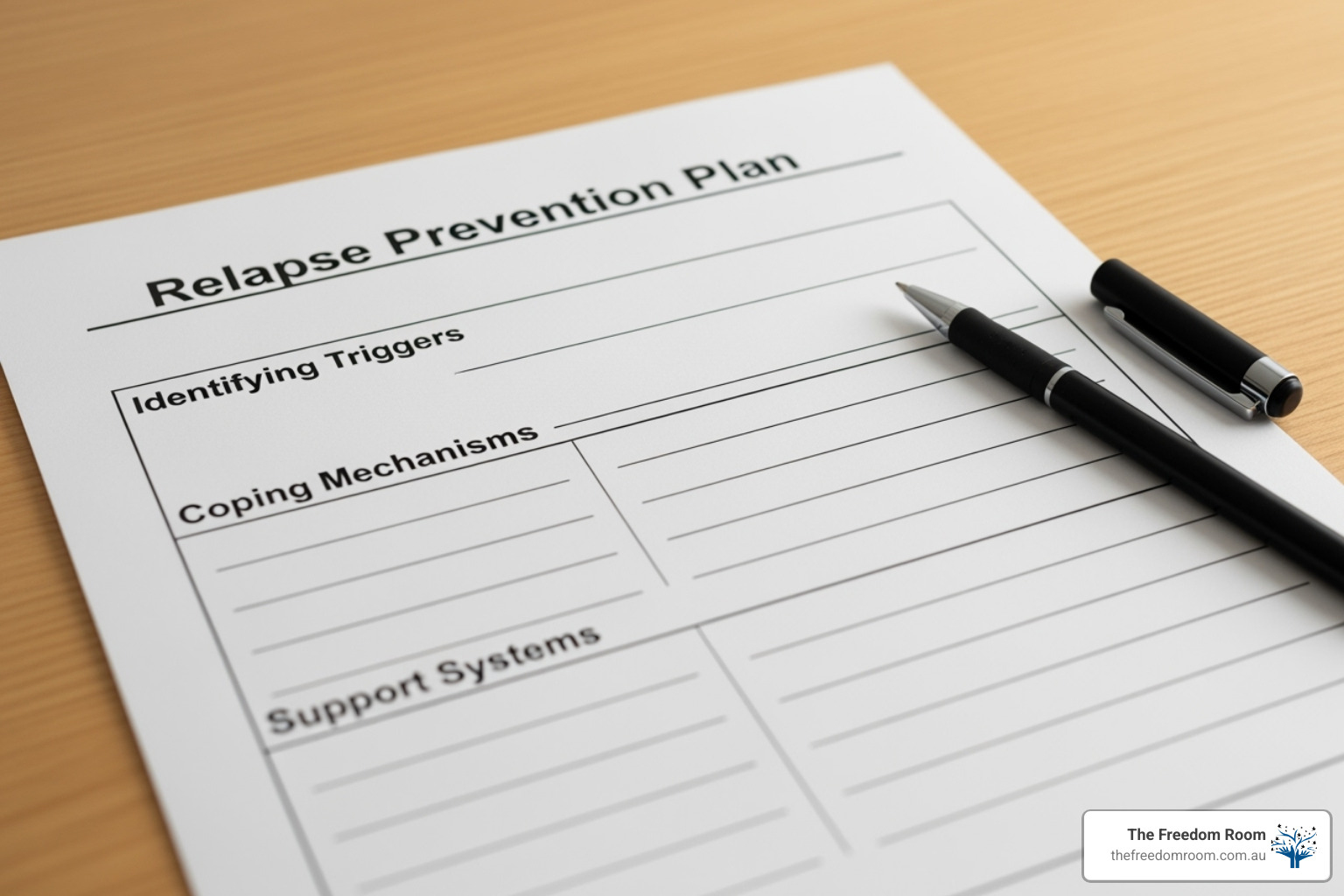 Close-up of a relapse prevention plan document with sections for Triggers, Coping, and Support Systems.