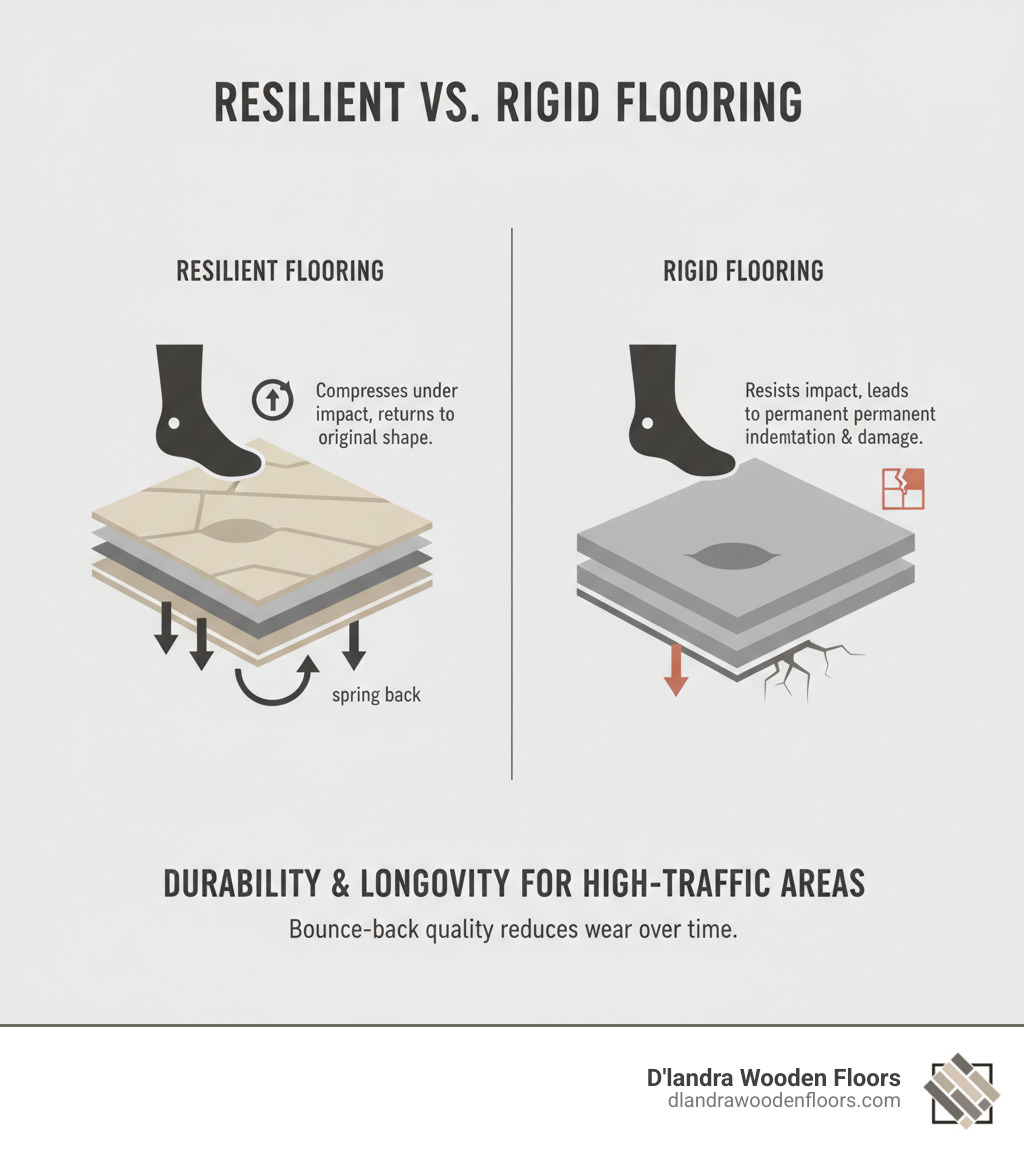 infographic showing cross-section of resilient flooring with arrows demonstrating how it compresses under foot traffic then springs back to original shape, compared to rigid flooring that shows permanent indentation and damage over time - resilient flooring solutions infographic 