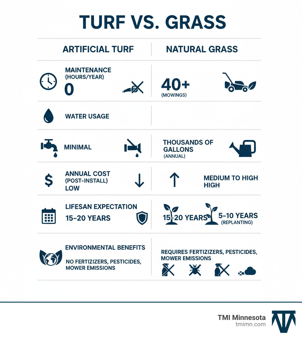 Infographic comparing artificial turf vs natural grass showing maintenance hours per year (0 vs 40+ mowings), water usage (minimal vs thousands of gallons), annual costs after installation, lifespan expectations (15-20 years), and environmental benefits including elimination of fertilizers, pesticides, and lawn equipment emissions - artificial turf for yard infographic Infographic comparing artificial turf vs natural grass showing maintenance hours per year (0 vs 40+ mowings), water usage (minimal vs thousands of gallons), annual costs after installation, lifespan expectations (15-20 years), and environmental benefits including elimination of fertilizers, pesticides, and lawn equipment emissions - artificial turf for yard infographic