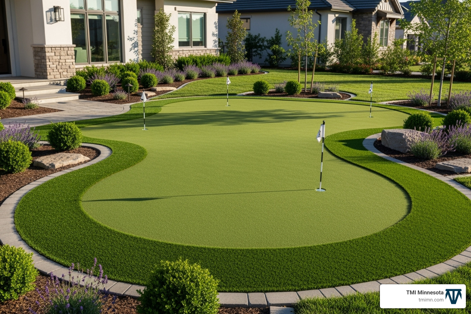 Custom putting green integrated into a front yard landscape - artificial turf for yard Custom putting green integrated into a front yard landscape - artificial turf for yard