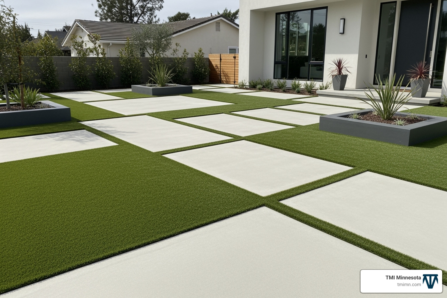 Modern minimalist front yard with artificial turf and large concrete pavers - artificial turf for yard Modern minimalist front yard with artificial turf and large concrete pavers - artificial turf for yard