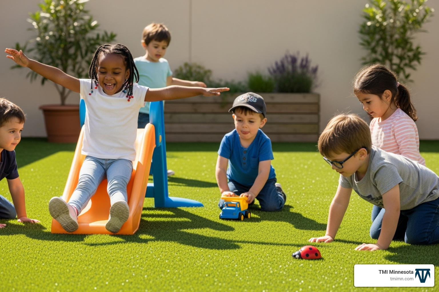 Children playing on a lush, safe artificial lawn - artificial turf for yard Children playing on a lush, safe artificial lawn - artificial turf for yard